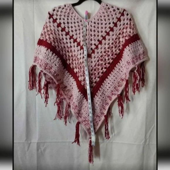 Crochet Poncho, Girl's size Large Pink and Red Colors Handmade Crochet Poncho - Picture 3 of 7